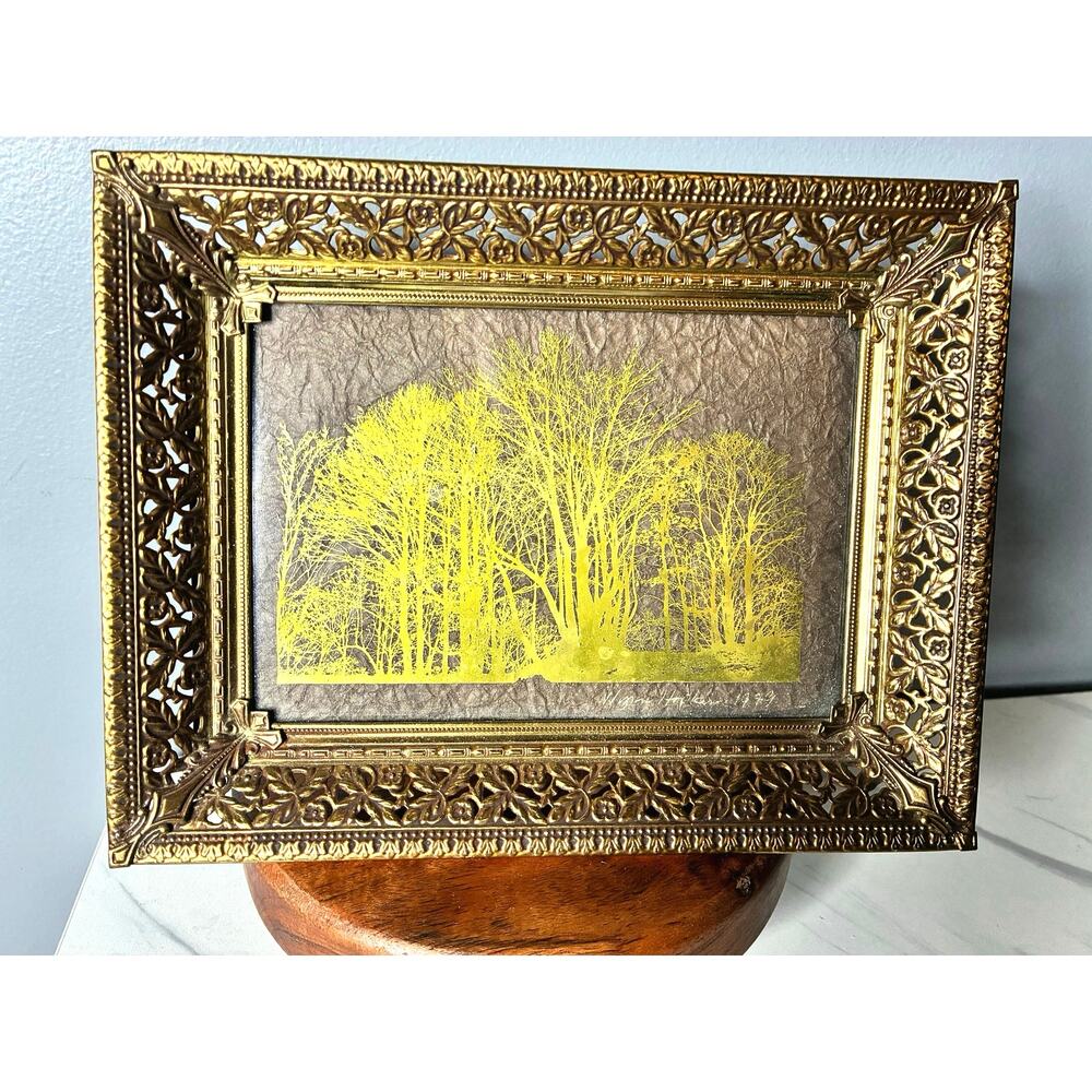 Vintage Framed Artwork – Yellow Woodland Silhouette - Gold Landscape
